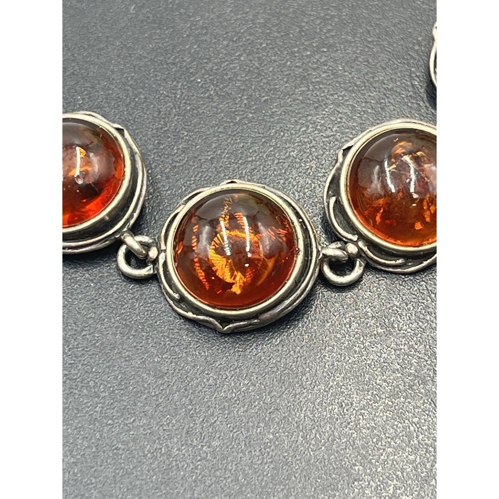 Vintage Sterling 925 Genuine Baltic Amber‎ Bezel Cabochon Setting Link Bracelet - Picture 4 of 13